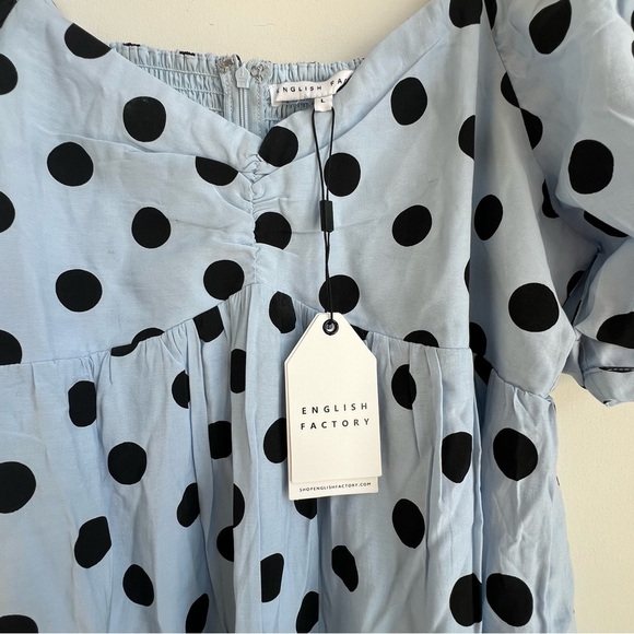 New English Factory Dotted BabyDoll Mini Dress Blie Puff Sleeve Large prairie - Picture 7 of 14